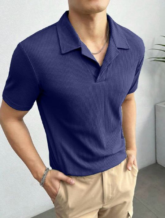 2025 Men’s Textured Waffle Knitted Polo T-Shirts – Stylish & Breathable Polo Shirts for Men,blue color